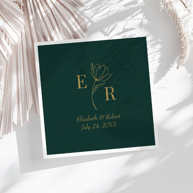 Emerald Green Floral Monogram Wedding Serviette (Emerald Green Floral Monogram Wedding Napkins on a sunny white table.)
