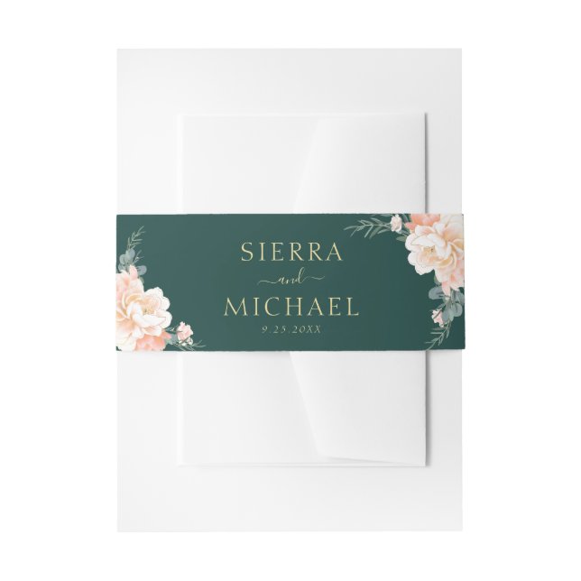 Emerald Green Floral Peach Cream Gold Wedding Einladungsbanderole (Vorderseite Beispiel)