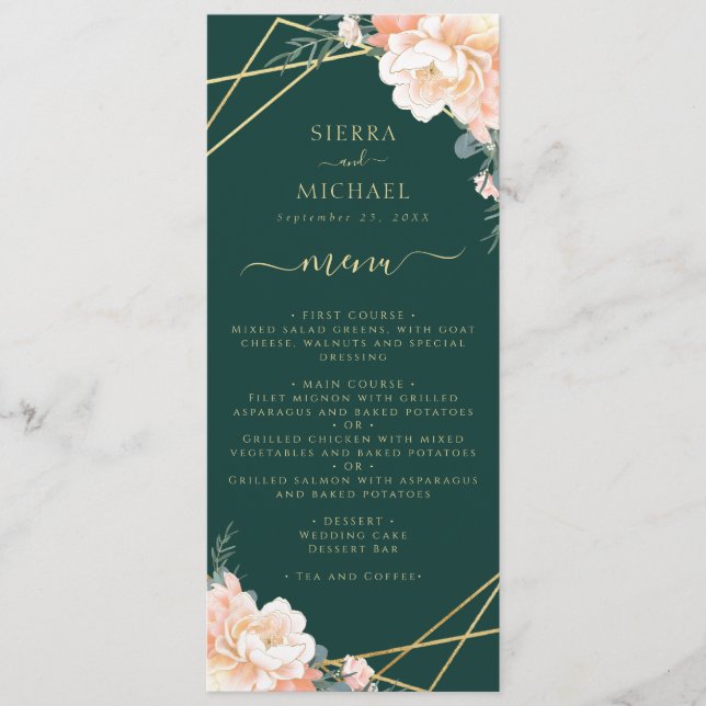 Emerald Green Floral Peach Gold Hochzeitsempfang Menükarte (Vorderseite)