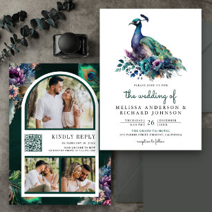 Emerald Green Floral Peacock Foto QR Code Wedding Einladung