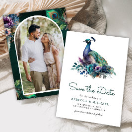 Emerald Green Floral Peacock Foto Wedding Save The Date