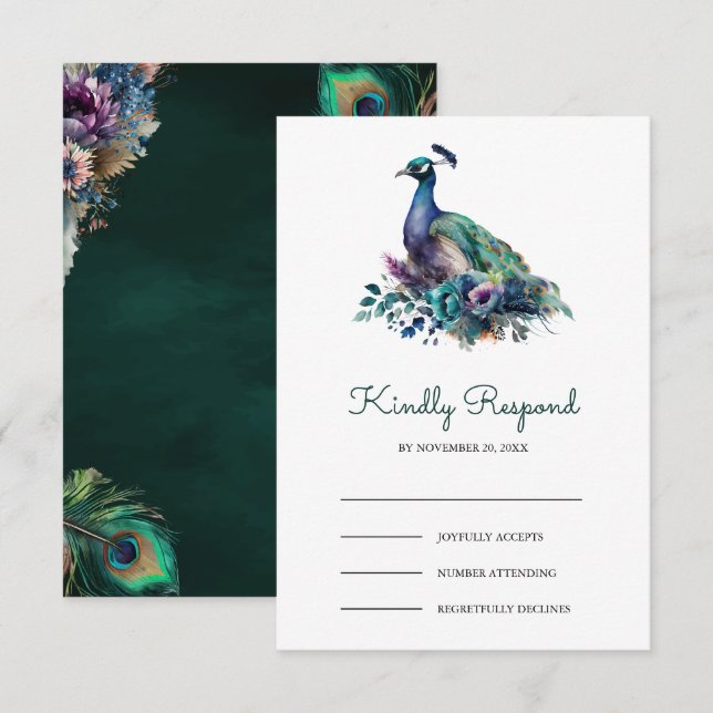 Emerald Green Floral Peacock Wedding RSVP Karte (Vorne/Hinten)