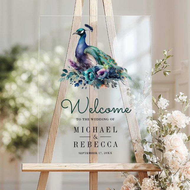 Emerald Green Floral Peacock Wedding Welcome Acrylschild (Von Creator hochgeladen)