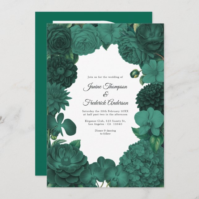 Emerald Green Floral Photo and QR Code Wedding Einladung (Vorne/Hinten)