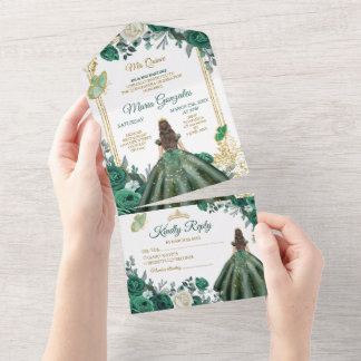 Emerald Green Floral Princess Gold Quinceañera All In One Einladung