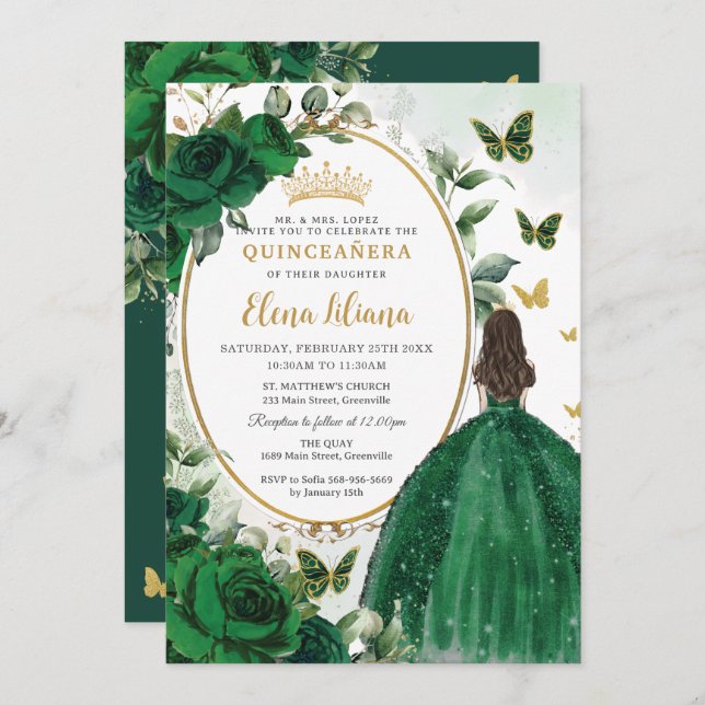 Emerald Green Floral Princess Gold Quinceañera Einladung (Vorne/Hinten)