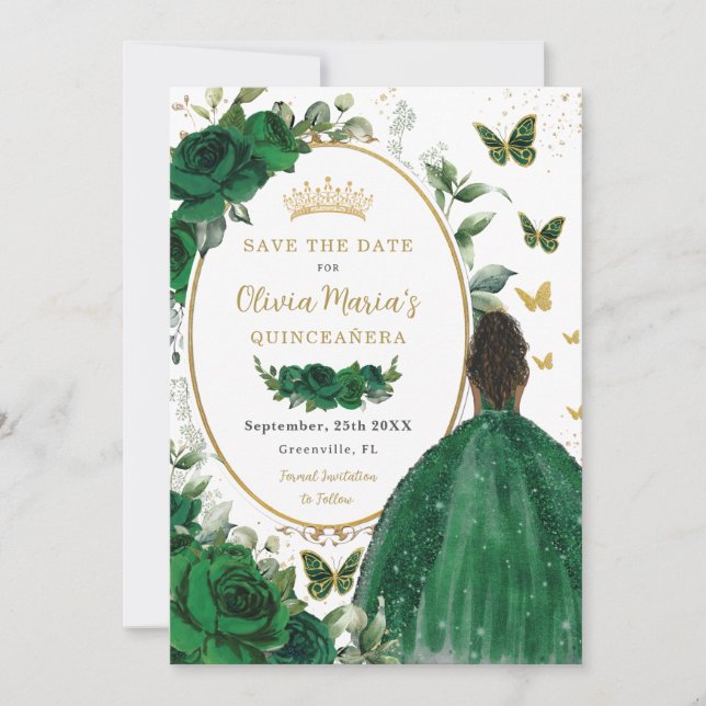 Emerald Green Floral Princess Gold Quinceañera Save The Date (Vorderseite)