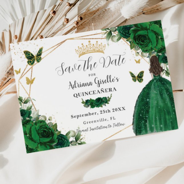 Emerald Green Floral Princess Gold Quinceañera Save The Date (Von Creator hochgeladen)