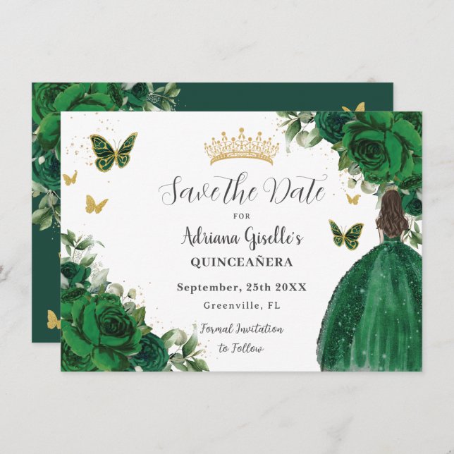 Emerald Green Floral Princess Gold Quinceañera Save The Date (Vorne/Hinten)