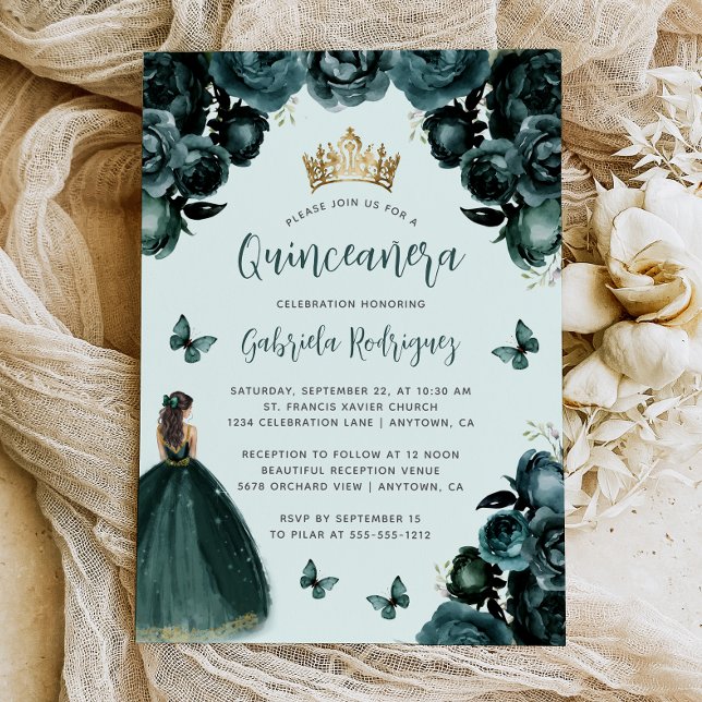 Emerald Green Floral Princess Quinceañera Einladung (Von Creator hochgeladen)