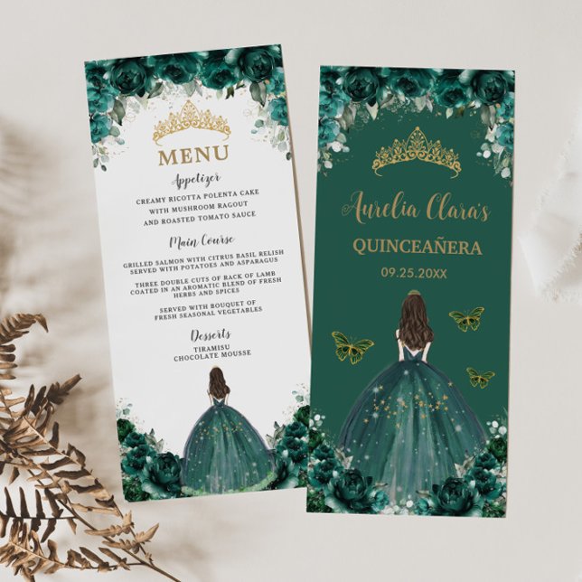 Emerald Green Floral Princess Quinceañera Menü Programm (Von Creator hochgeladen)