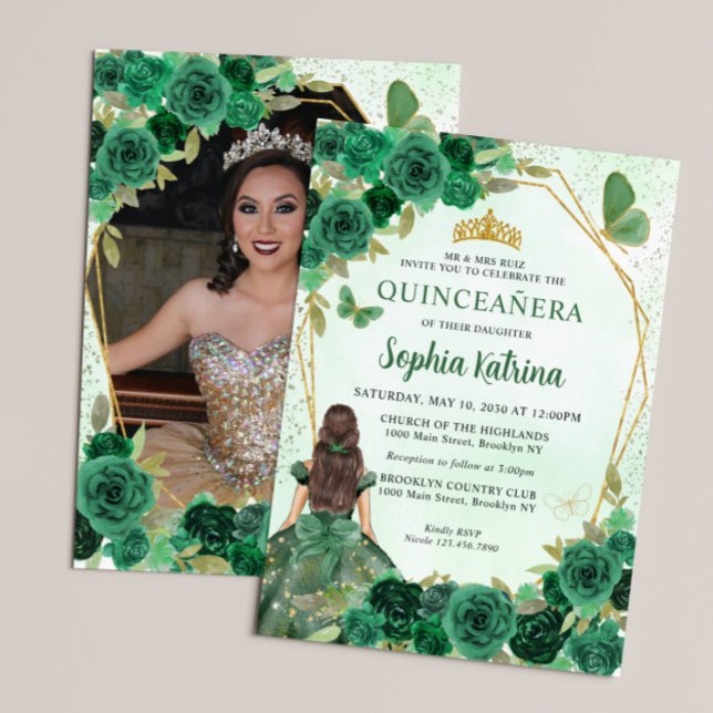 Emerald Green Floral Princess Quinceañera Photo Einladung (Von Creator hochgeladen)