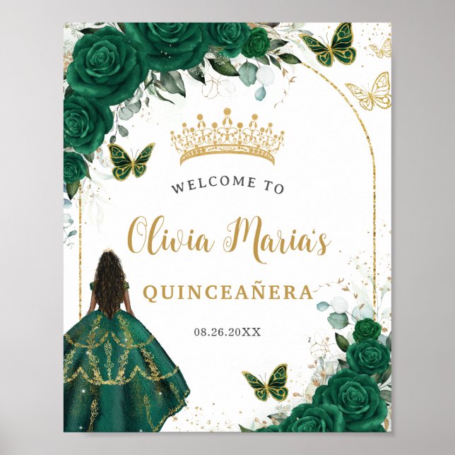 Emerald Green Floral Princess Quinceañera Willkomm Poster (Vorne)