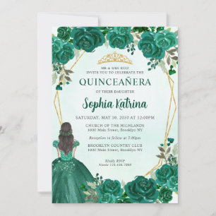 Emerald Green Floral Princess Tiara Quinceañera Einladung