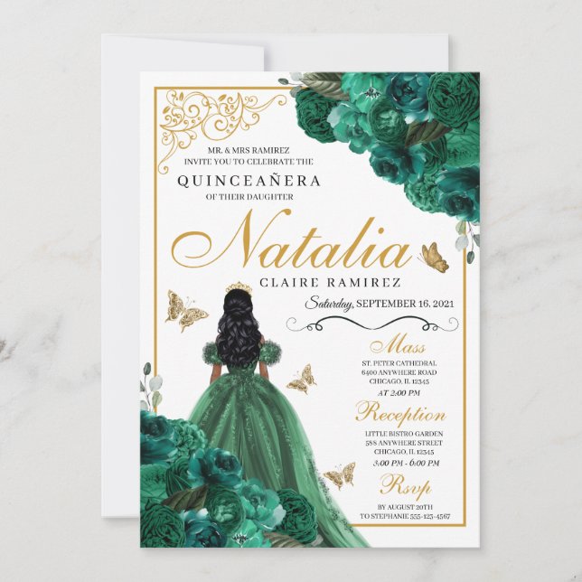 Emerald Green Floral Quinceanera Birthday Einladung (Vorderseite)