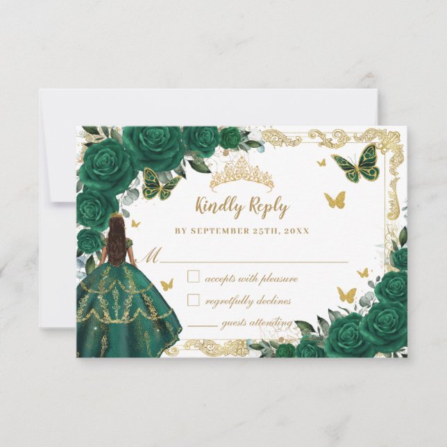 Emerald Green Floral Quinceañera Brown Princess RSVP Karte (Vorderseite)