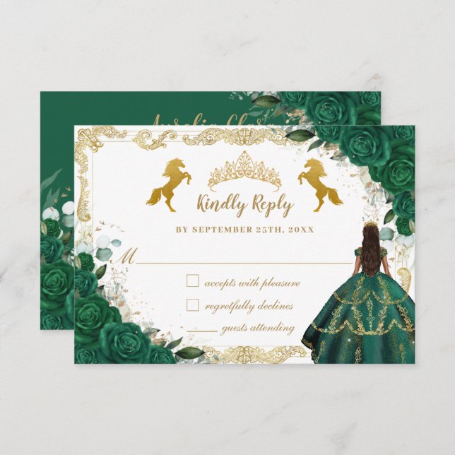 Emerald Green Floral Quinceañera Charro Gold Horse RSVP Karte (Vorne/Hinten)