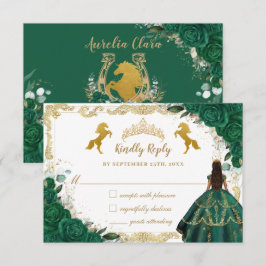Emerald Green Floral Quinceañera Charro Gold Horse RSVP Karte