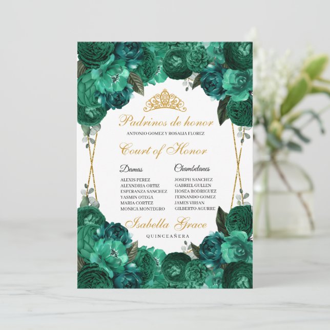 Emerald Green Floral Quinceanera Court of Honor Einladung (Stehend Vorderseite)