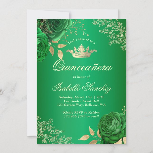 Emerald Green Floral Quinceanera Einladung (Vorderseite)