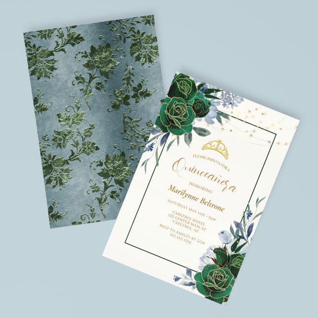 Emerald Green Floral Quinceañera Einladung (Von Creator hochgeladen)