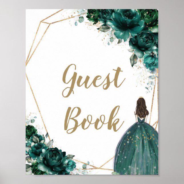 Emerald Green Floral Quinceañera Gastbuch-Zeichen Poster (Vorne)