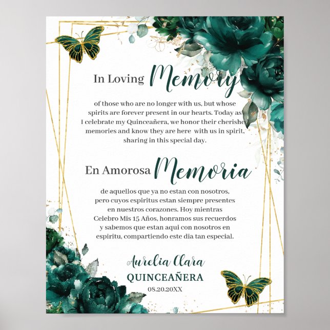 Emerald Green Floral Quinceanera In Loving Memory Poster (Vorne)