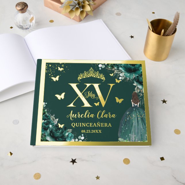 Emerald Green Floral Quinceañera Quince 15 XV Gold Gästebuch (Vorderseite offen)