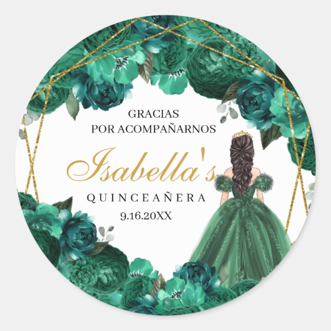 Emerald Green Floral Quinceanera Round Stickers (Vorderseite)