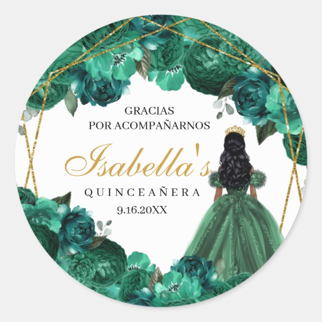 Emerald Green Floral Quinceanera Round Stickers (Vorderseite)
