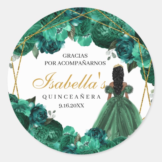 Emerald Green Floral Quinceanera Round Stickers (Vorderseite)