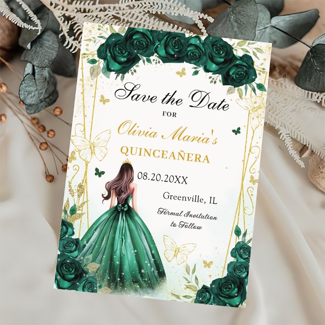 Emerald Green Floral Quinceanera Sweet 16 Save The Date (Von Creator hochgeladen)