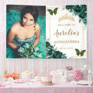 Emerald Green Floral Quinceañera Willkommen Hinter Banner