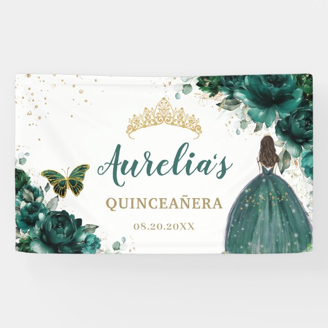 Emerald Green Floral Quinceañera Willkommen Hinter Banner (Horizontal)