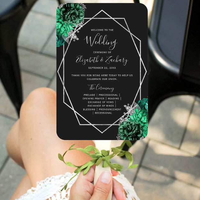 Emerald Green Floral Silver Black Wedding Program Fächer (Von Creator hochgeladen)