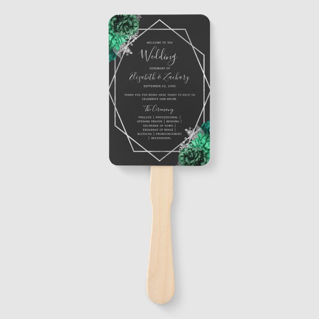 Emerald Green Floral Silver Black Wedding Program Fächer (Vorderseite)
