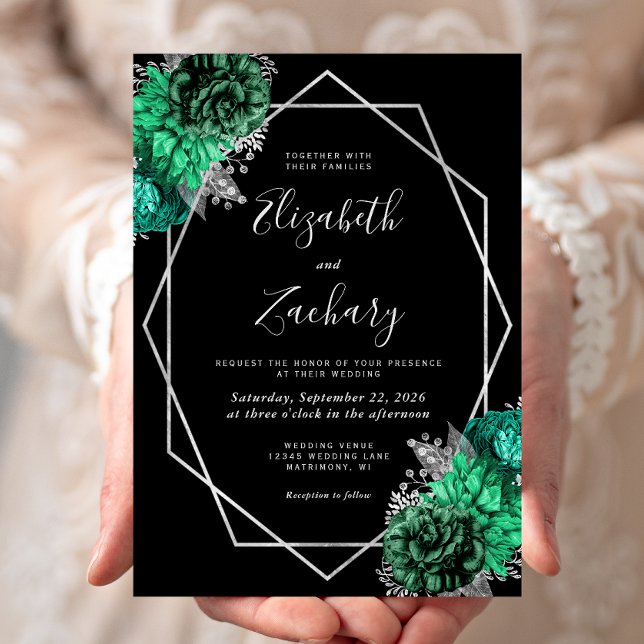 Emerald Green Floral Silver Frame Black Wedding Einladung (Von Creator hochgeladen)