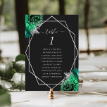 Emerald Green Floral Silver Geo Black Wedding Tischnummer<br><div class="desc">Diese moderne Hochzeitskarte besticht durch einen silbernen geometrischen Rahmen,  der mit smaragdgrünen und silberfarbenen Blumenbouquets auf schwarzem Hintergrund dekoriert ist. Der anpassbare Text kombiniert silbergraue,  weißliche Handschrift,  Kupferplatte und kursiven Schriftart. Die Rückseite ist schwarz.</div>