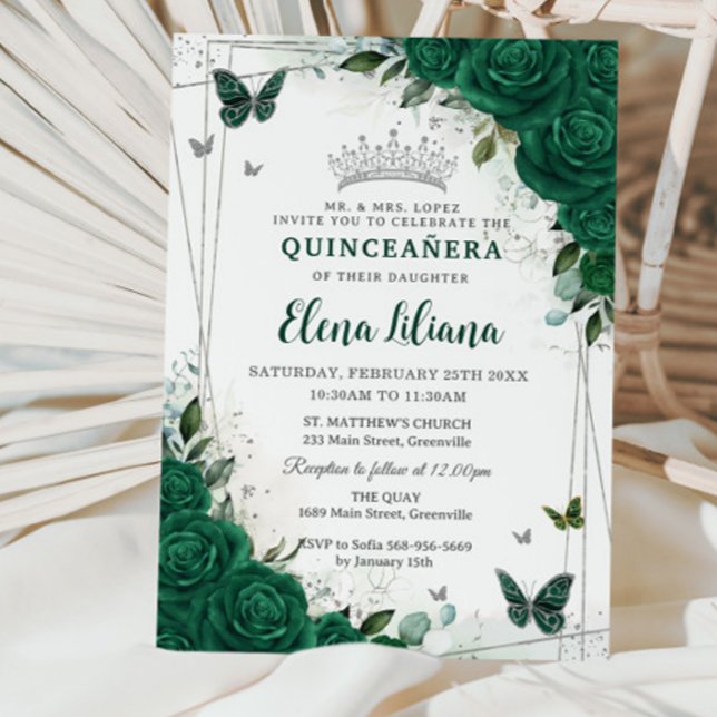 Emerald Green Floral Silver Quinceañera Sweet 16 Einladung (Von Creator hochgeladen)