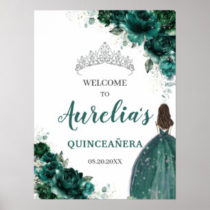 Emerald Green Floral Silver Quinceañera Willkommen Poster