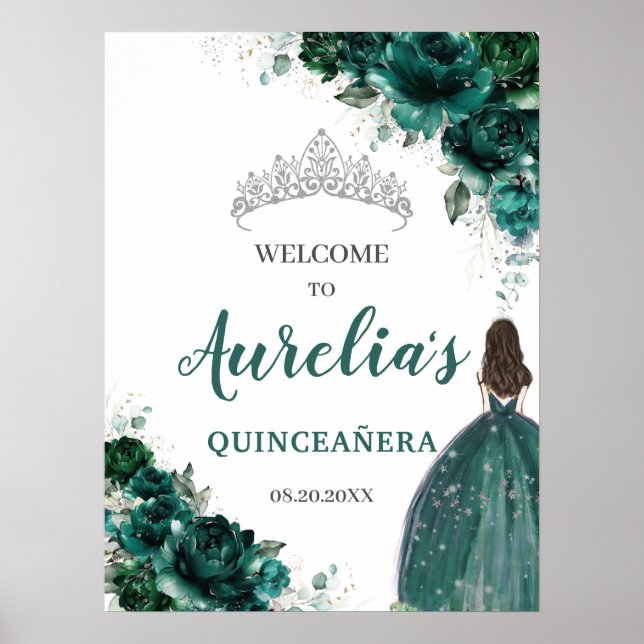 Emerald Green Floral Silver Quinceañera Willkommen Poster (Vorne)