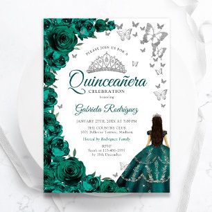 Emerald Green Floral Silver White Quinceanera Einladung