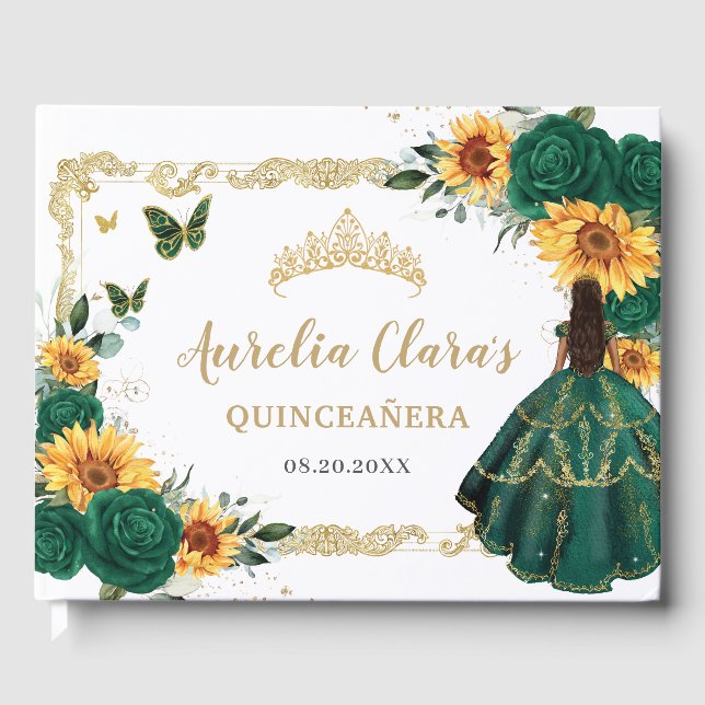 Emerald Green Floral Sunblumen Gold Quinceañera Gästebuch (Vorderseite)