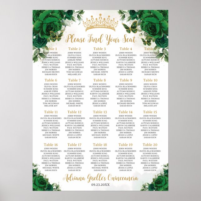 Emerald Green Floral Sweet 16 Quinceanera Seating Poster (Vorne)