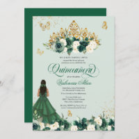 Emerald Green Floral Tiara + Butterfly Quinceanera