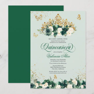 Emerald Green Floral Tiara + Butterfly Quinceanera Einladung