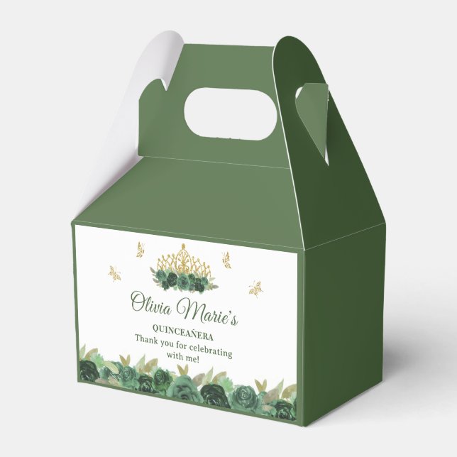 Emerald Green Floral Tiara Butterfly Quinceanera Geschenkschachtel (Vorderseite)