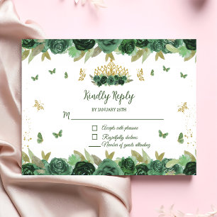 Emerald Green Floral Tiara + Butterfly Quinceanera RSVP Karte