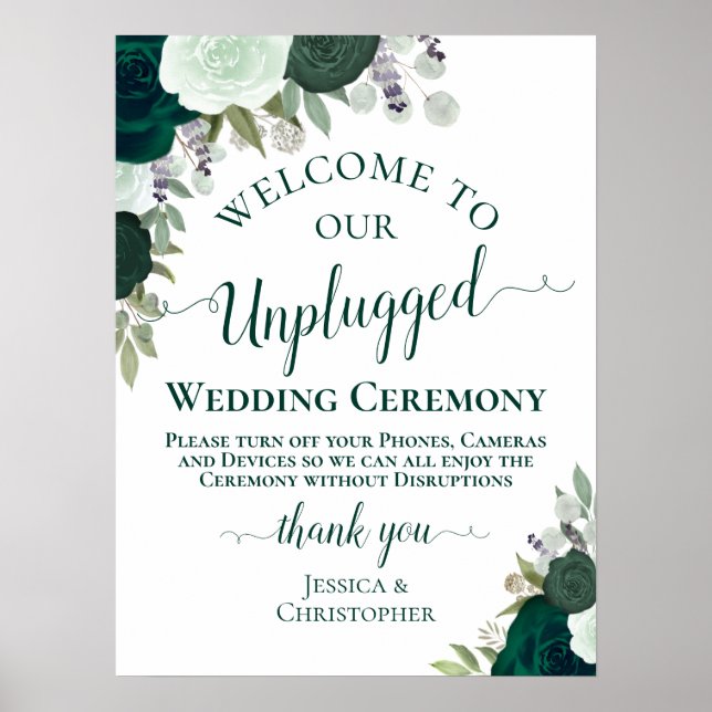 Emerald Green Floral Unplugged Wedding Zeremonie Poster (Vorne)