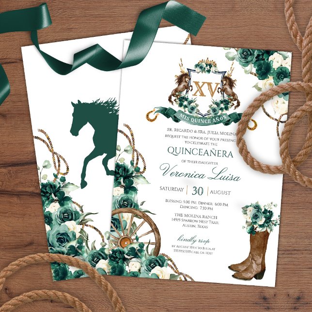 Emerald Green Floral Wappen Charro Quinceanera Einladung (Von Creator hochgeladen)